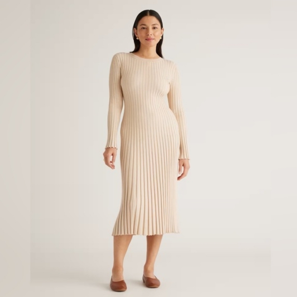 Quince Heather Oatmeal Cotton Cashmere Ribbed Long Sleeve Crew Midi Dress